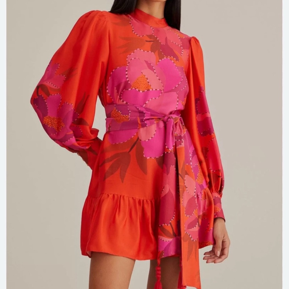 FARM Rio Red Peony Long Sleeve Mini Dress